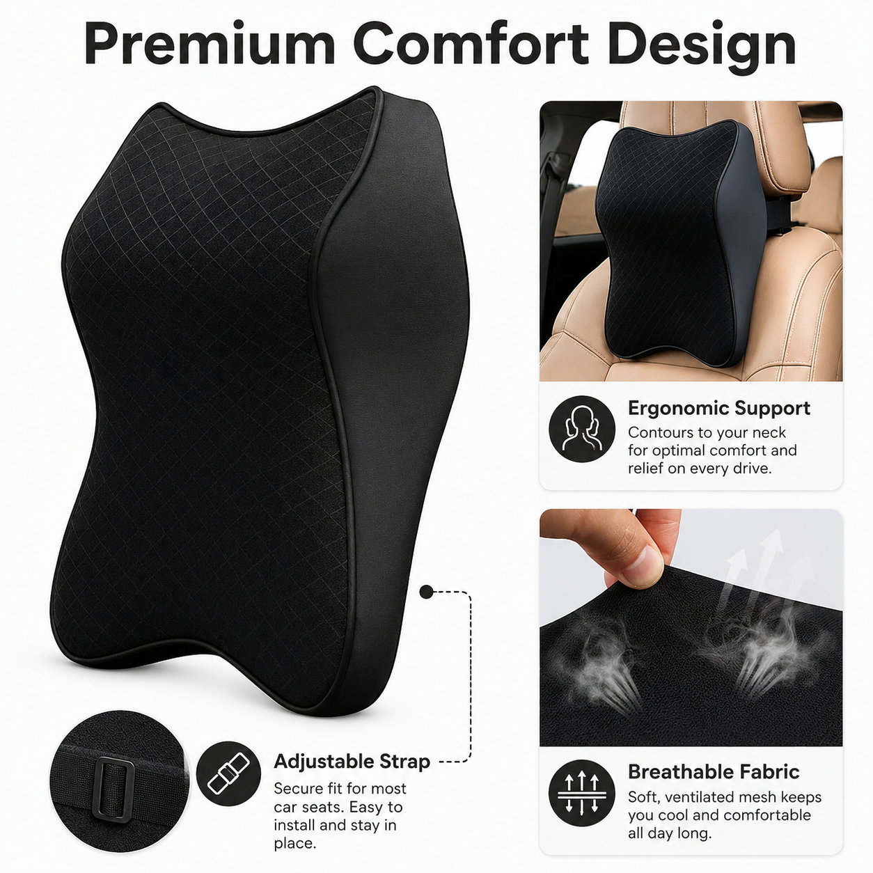 Memory Foam Car Neck Pillow | Ergonomic Headrest Support